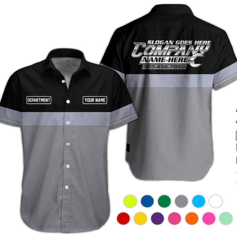 May include: A short-sleeved button-down work shirt featuring a black upper section and a gray lower section. The front displays rectangular boxes with the text DEPARTMENT and YOUR NAME. The back features the text SLOGAN GOES HERE, COMPANY NAME-HERE, and 123-456-7890.