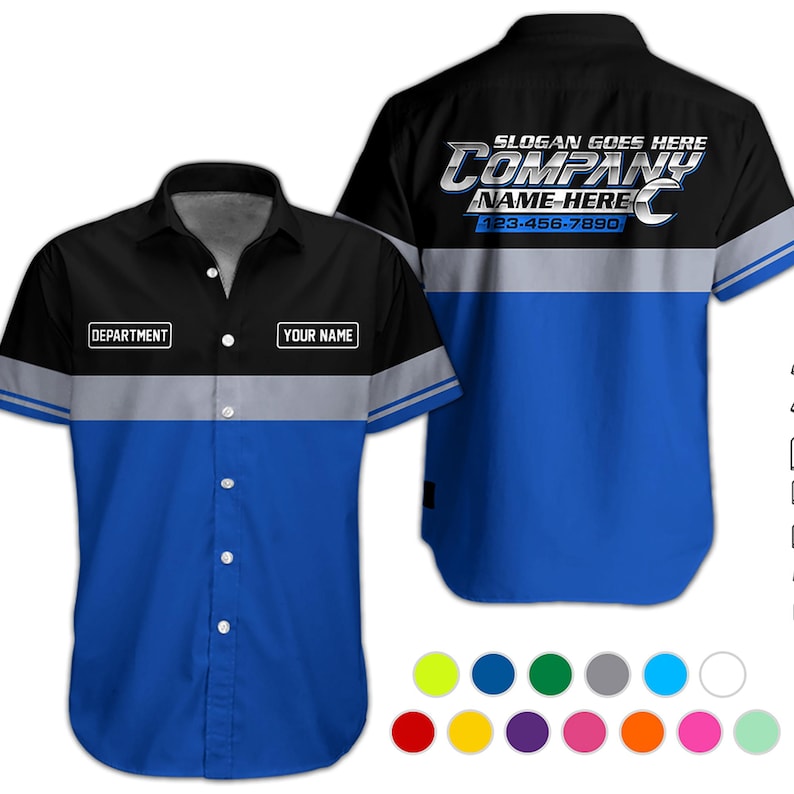 May include: A short-sleeved button-down work shirt featuring a black upper section, a grey horizontal stripe, and a blue lower section. The front includes text boxes for DEPARTMENT and YOUR NAME. The back displays SLOGAN GOES HERE, COMPANY NAME HERE, and 123-456-7890.