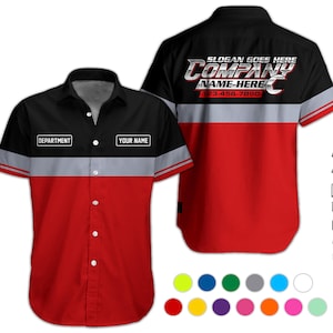 May include: A short-sleeved button-down work shirt featuring a black upper section, a red lower section, and a grey horizontal stripe. The front includes text boxes for DEPARTMENT and YOUR NAME. The back displays SLOGAN GOES HERE, COMPANY NAME HERE, and 123-456-7890.