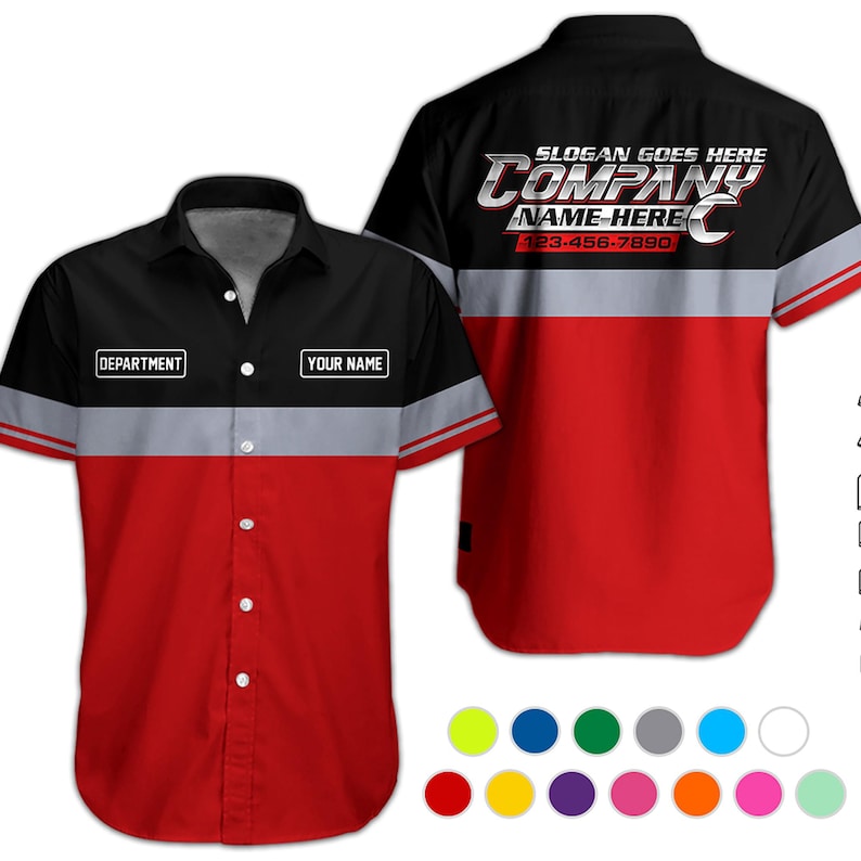 May include: A short-sleeved button-down work shirt featuring a black upper section, a red lower section, and a grey horizontal stripe. The front includes text boxes for DEPARTMENT and YOUR NAME. The back displays SLOGAN GOES HERE, COMPANY NAME HERE, and 123-456-7890.