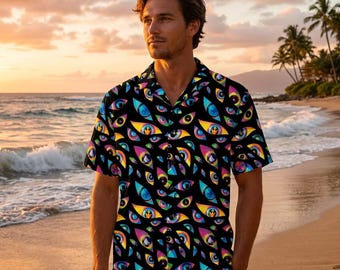 Colorful Eye Pattern Hawaiian Shirt,  Eyes Button Up Shirt, Summer Beach Vacation Shirt, Casual Short Sleeve Tropical Shirt