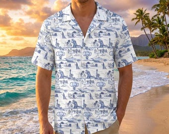 Godzilla Toile De Jouy Hawaiian Shirt, Party Hawaiian Shirt, Summer Gifts, Family Matching Shirt, Godzilla Japanese Shirt, Kid Hawaii Shirt