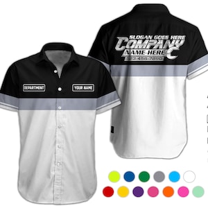 May include: A short-sleeved button-down work shirt featuring a black upper section, a grey horizontal stripe, and a white lower section. The front includes text boxes for DEPARTMENT and YOUR NAME. The back displays SLOGAN GOES HERE, COMPANY NAME HERE, and 123-456-7890.