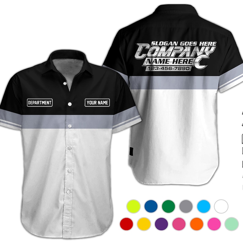 May include: A short-sleeved button-down work shirt featuring a black upper section, a grey horizontal stripe, and a white lower section. The front includes text boxes for DEPARTMENT and YOUR NAME. The back displays SLOGAN GOES HERE, COMPANY NAME HERE, and 123-456-7890.