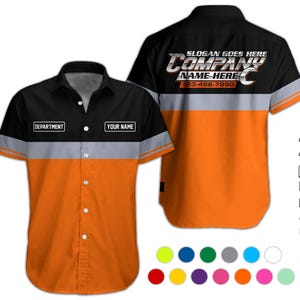 May include: A short-sleeved button-down work shirt featuring a black upper section and an orange lower section, separated by a grey horizontal stripe. The front includes text boxes for DEPARTMENT and YOUR NAME, while the back displays SLOGAN GOES HERE, COMPANY NAME HERE, and 123-456-7890.