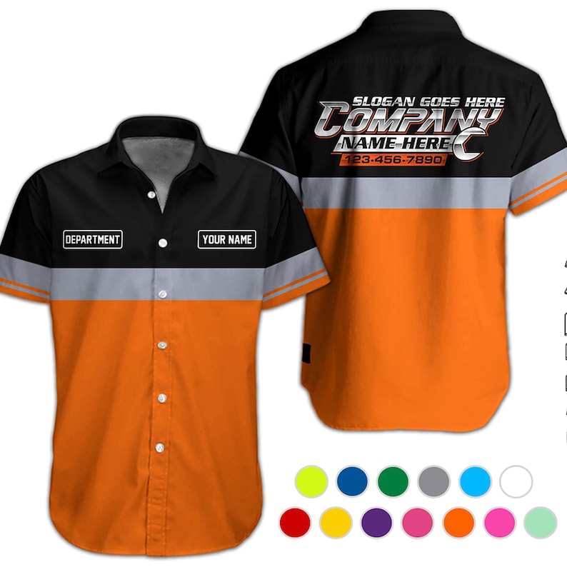 May include: A short-sleeved button-down work shirt featuring a black upper section and an orange lower section, separated by a grey horizontal stripe. The front includes text boxes for DEPARTMENT and YOUR NAME, while the back displays SLOGAN GOES HERE, COMPANY NAME HERE, and 123-456-7890.