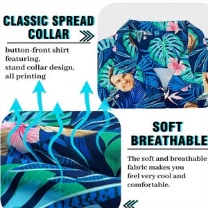 May include: A button-front shirt featuring a classic spread collar and a dark blue tropical print with green monstera leaves, pink hibiscus flowers, and repeating photographic portraits of a person's face integrated into the pattern.