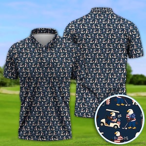 May include: Navy blue polo shirt with a repeating pattern of golfers and golf carts. The design includes patriotic elements such as the American flag and an eagle. The shirt has a classic collar and button-up front, suitable for golf or casual wear.
