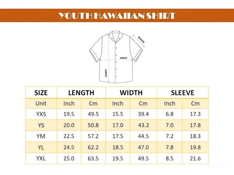 May include: A size chart for a youth Hawaiian shirt featuring a line drawing of a short-sleeved button-down shirt with labels for length, width, and sleeve. A table provides measurements in inches and centimeters for sizes YXS through YXL.