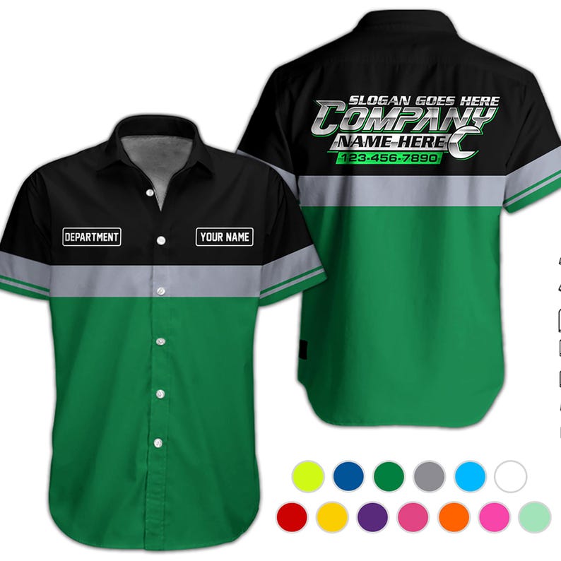 May include: A short-sleeve button-down shirt featuring a black upper section, a grey horizontal stripe, and a green lower section. The front includes white rectangular boxes labeled DEPARTMENT and YOUR NAME. The back displays SLOGAN GOES HERE, COMPANY NAME HERE, and 123-456-7890.