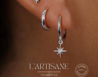 Lot 3 boucles d'oreilles argent acier inoxydable étoile cadeau de saint Valentin femme parure mariage accumulation set piercing lobe amour
