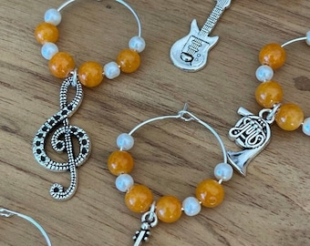 Music Themed Wine Glass Charms - Silver Tone Charms, Set of Six