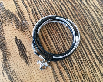 Leather wrap bracelet with silver tone beads and horse charm