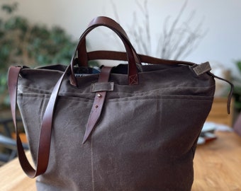 Upcycled Horse Tack Leather and Waxed Canvas Tote- Leather Handles and Detachable Leather Strap- Diaper Bag- Weekender