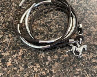 Leather wrap bracelet with silver tone beads and horse charm