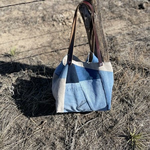 Eco-friendly Recycled Denim and Linen Tote Recycled Denim Bag Repurposed Denim Bag Ready to Ship image 6