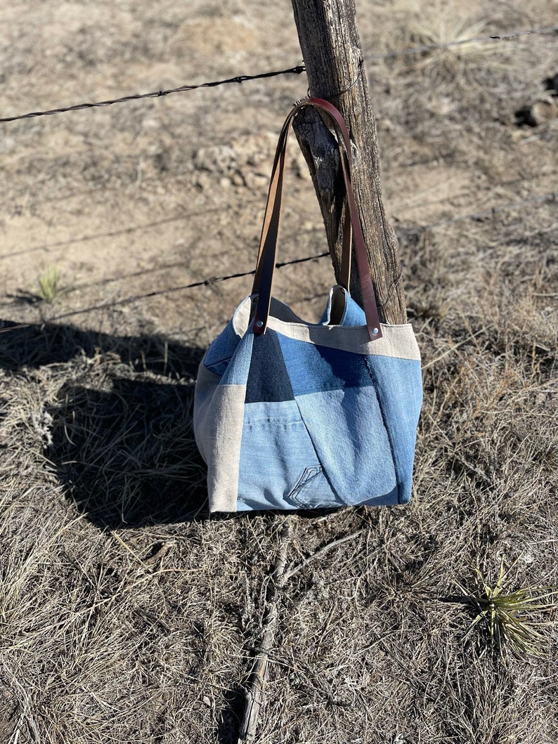 Eco-friendly Recycled Denim and Linen Tote Recycled Denim Bag Repurposed Denim Bag Ready to Ship image 6