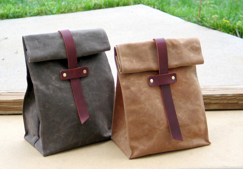 Waxed Canvas and Leather Lunch Tote Waxed Canvas Lunch Bag image 4