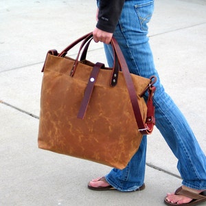 Waxed Canvas Tote with Leather Handles and Detachable Leather Strap- Diaper Bag- Weekender