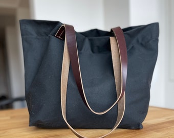 Waxed Canvas Tote- Waxed Canvas and Leather Tote- Waxed Canvas Beach Tote- Carry-on Tote- Available in 4 colors