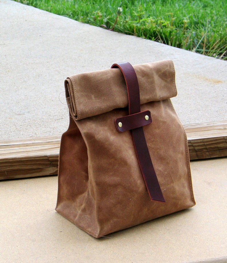 Waxed Canvas and Leather Lunch Tote Waxed Canvas Lunch Bag image 3