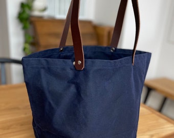 Waxed Canvas Tote- Waxed Canvas and Leather Tote- Dark Navy