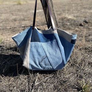 Eco-friendly Recycled Denim and Linen Tote Recycled Denim Bag Repurposed Denim Bag Ready to Ship image 5