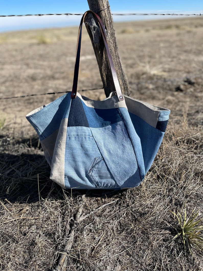 Eco-friendly Recycled Denim and Linen Tote Recycled Denim Bag Repurposed Denim Bag Ready to Ship image 5