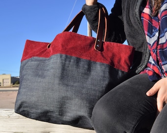 Denim and Leather Tote- Ready to Ship