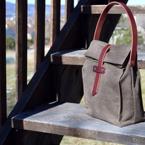 Waxed Canvas and Leather Lunch Tote Waxed Canvas Lunch Bag image 5