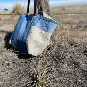 Eco-friendly Recycled Denim and Linen Tote Recycled Denim Bag Repurposed Denim Bag Ready to Ship image 4