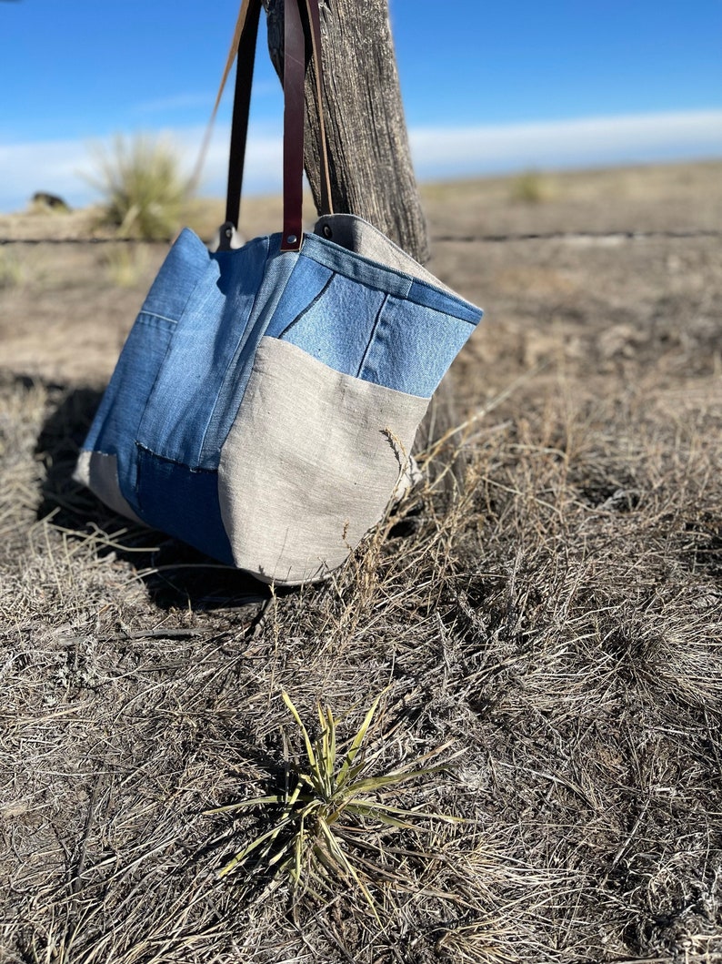 Eco-friendly Recycled Denim and Linen Tote Recycled Denim Bag Repurposed Denim Bag Ready to Ship image 4