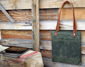 Waxed Canvas and Leather iPad Tote- Reader Tote- Tablet Tote- Lunch Tote