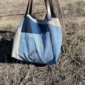 Eco-friendly Recycled Denim and Linen Tote Recycled Denim Bag Repurposed Denim Bag Ready to Ship image 7
