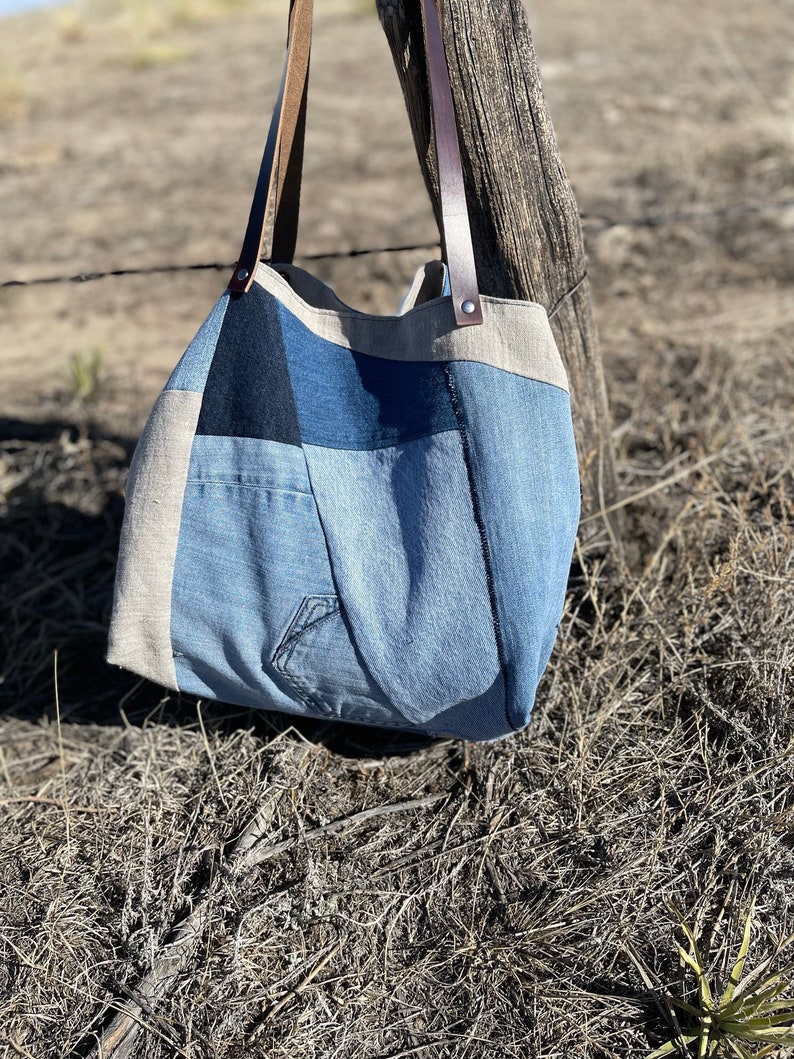 Eco-friendly Recycled Denim and Linen Tote Recycled Denim Bag Repurposed Denim Bag Ready to Ship image 7