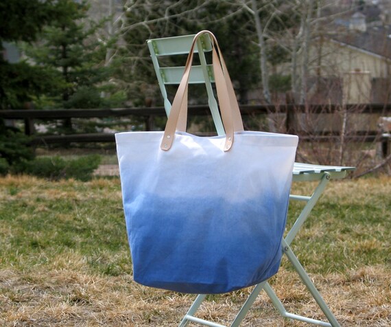 Ombre Canvas Tote Bag With Leather Handles Ocean Blue Ready 