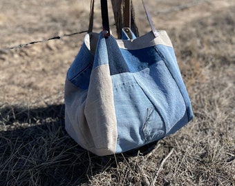 Eco-friendly Recycled Denim and Linen Tote- Recycled Denim Bag- Repurposed Denim Bag - Ready to Ship