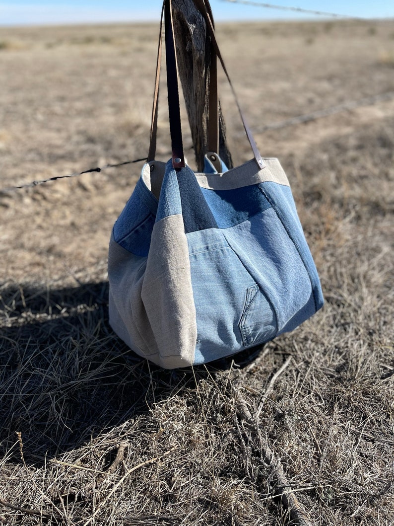 Eco-friendly Recycled Denim and Linen Tote Recycled Denim Bag Repurposed Denim Bag Ready to Ship image 1