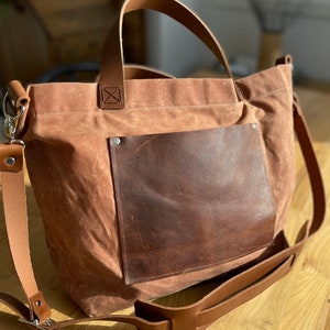 Waxed Canvas Leather Tote Men Bag Commuter Bag Leather Detachable Leather Strap- Weekender