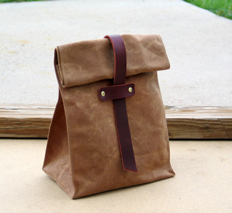 Waxed Canvas and Leather Lunch Tote Waxed Canvas Lunch Bag image 1