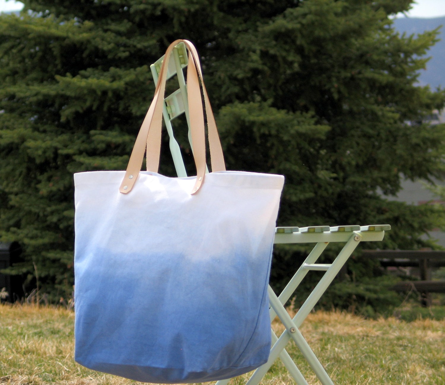 Ombre Canvas Tote Bag With Leather Handles Ocean Blue Ready 