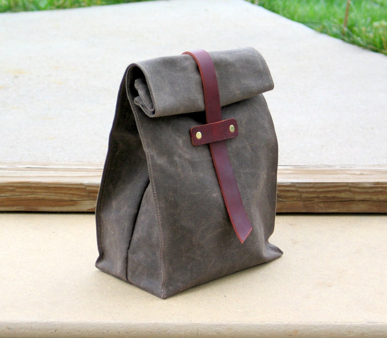 Waxed Canvas and Leather Lunch Tote Waxed Canvas Lunch Bag image 3