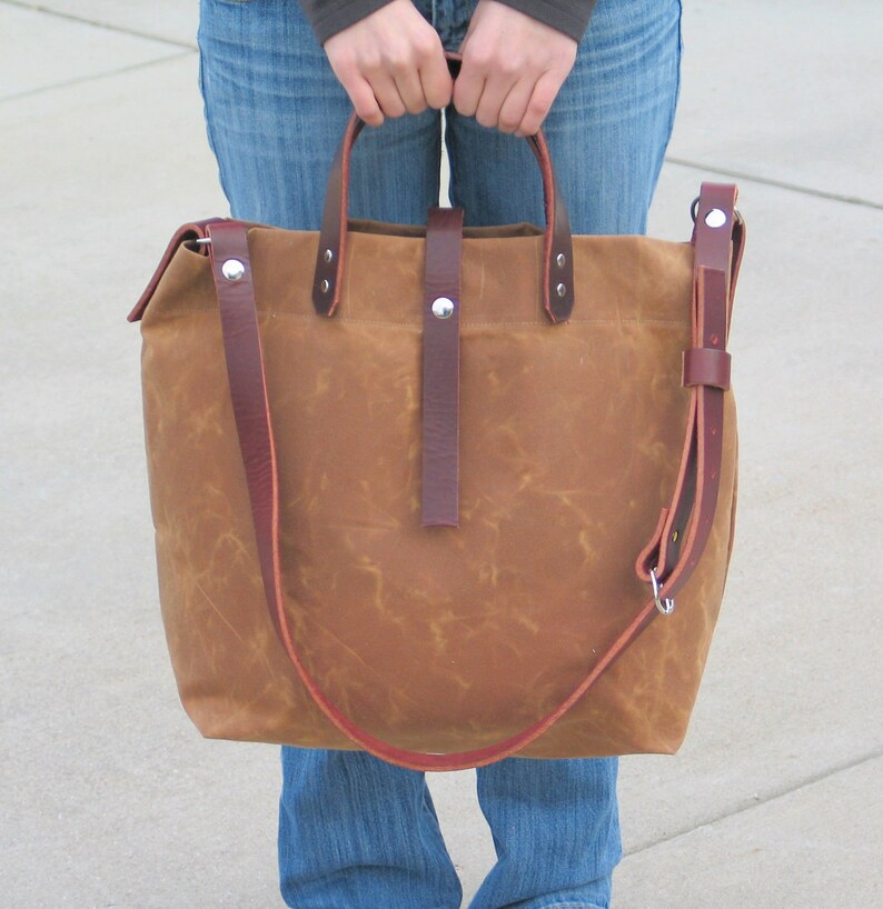 Waxed Canvas Tote with Leather Handles and Detachable Leather | Etsy