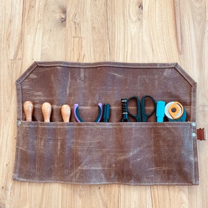 Waxed Canvas Utility Roll- Waxed Canvas Tool Roll-  Artist Rollup Pouch- Tool Pouch- Artist Utility Roll- Bike Tool Roll