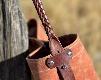 Waxed Canvas and Suede Bucket Bag- Repurposed Leather Horse Tack- Waxed Canvas Purse- Small Waxed Canvas Tote- One Of A Kind - OOAK