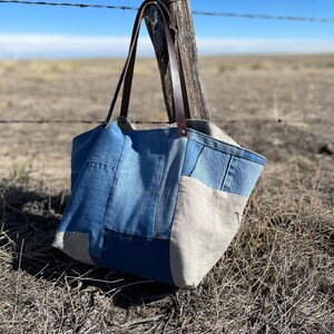 Eco-friendly Recycled Denim and Linen Tote Recycled Denim Bag Repurposed Denim Bag Ready to Ship image 2
