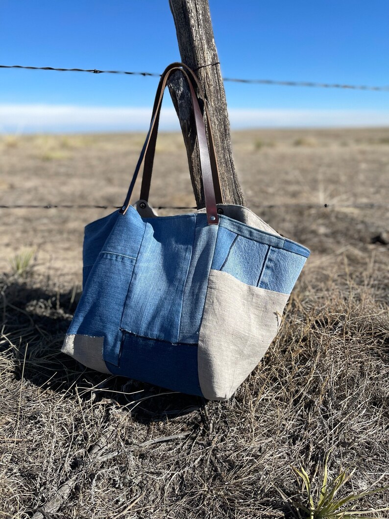 Eco-friendly Recycled Denim and Linen Tote Recycled Denim Bag Repurposed Denim Bag Ready to Ship image 2