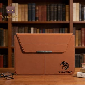 May include: A tan leather laptop sleeve with a fold-over flap, a silver metal bar featuring the text "Take Beyond Idea", and a black dragon graphic with the name "CALOIN" printed in the bottom right corner of the front panel.