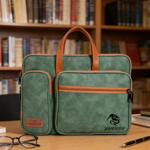 Op de afbeelding: Groene aktetas van imitatieleer met bruine accenten. Voorzien van een handvat aan de bovenkant, meerdere compartimenten en een voorvak. De voorkant van de tas heeft een drakenafbeelding en de tekst "JIANNA".