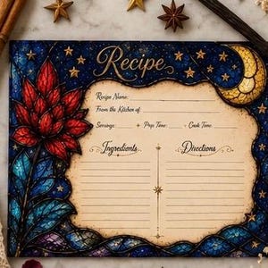 May include: A decorative recipe card with a stained-glass design. The card features a red flower, blue and gold accents, and the word "Recipe" in elegant script. It includes sections for ingredients and directions.